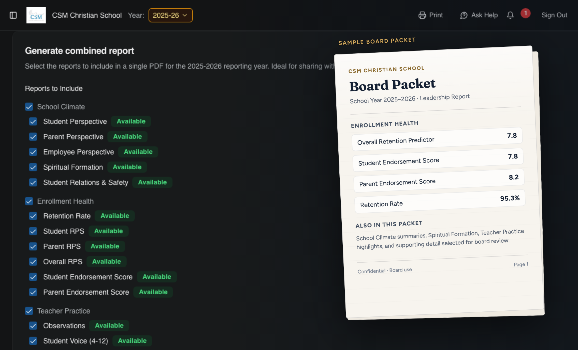 Board Packet report options with a sample light-colored board packet page