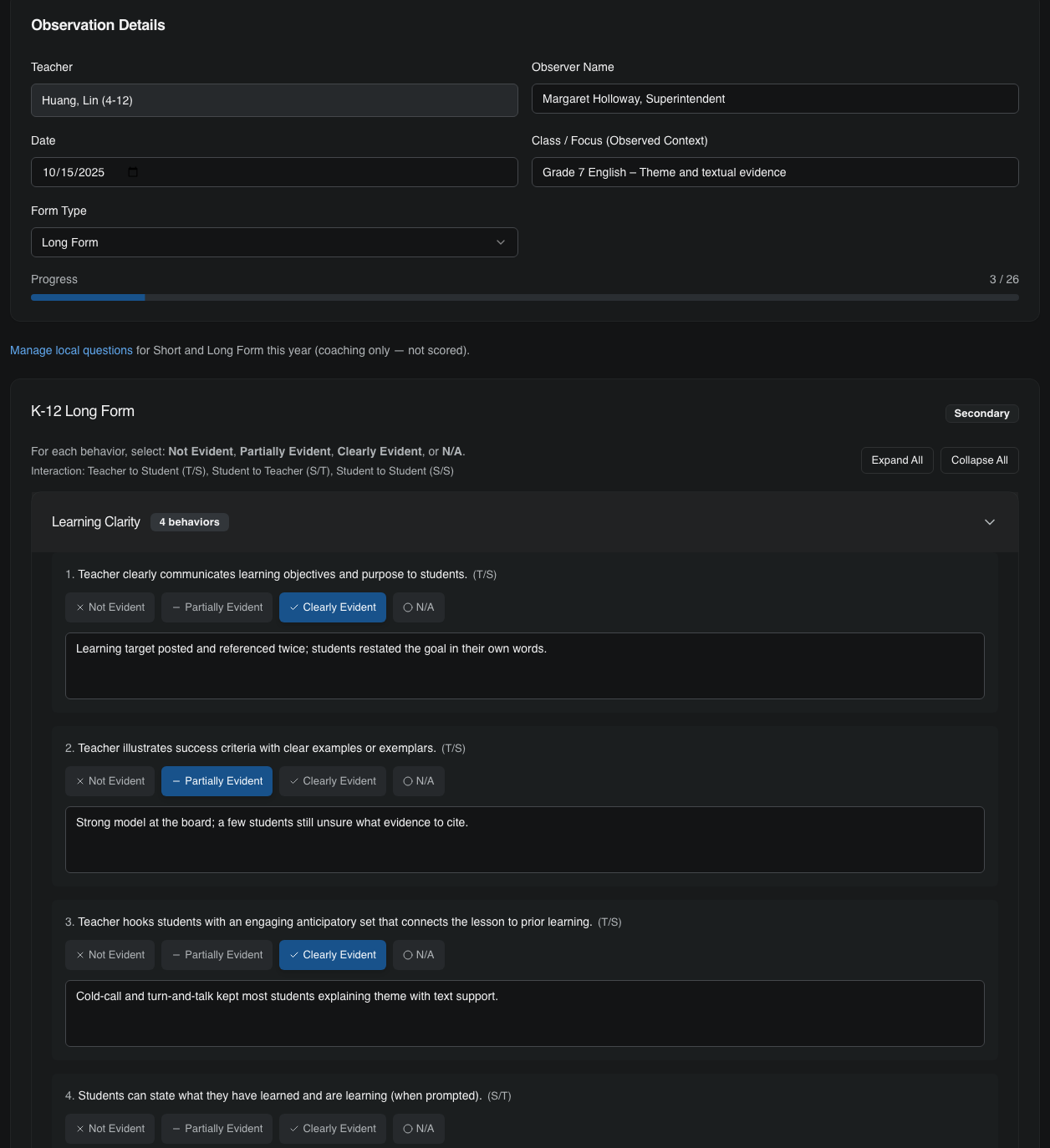 In-process Long Form observation with behavior evidence in the CSM Data System